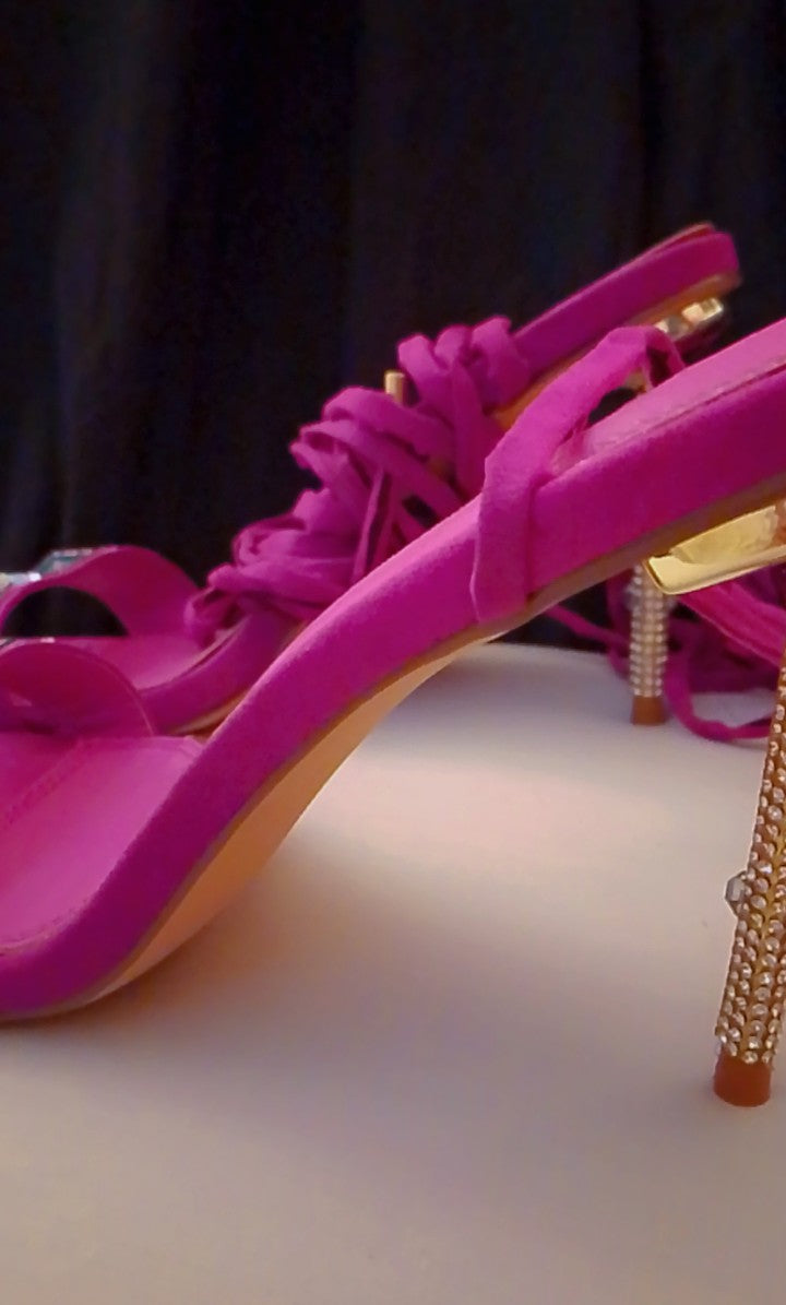 Twinkle Gold  Trim Magenta Long Strap Suede Stiletto Heel Pumps