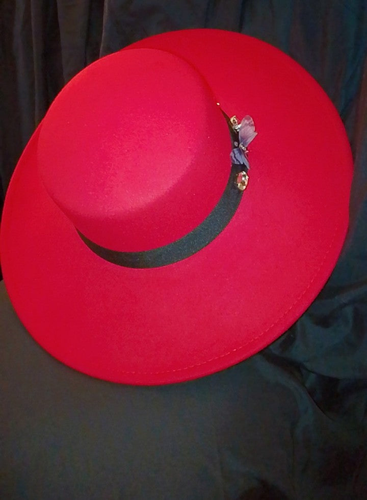 Dear Lovely Couture Black Band Wide Brim Red Hat