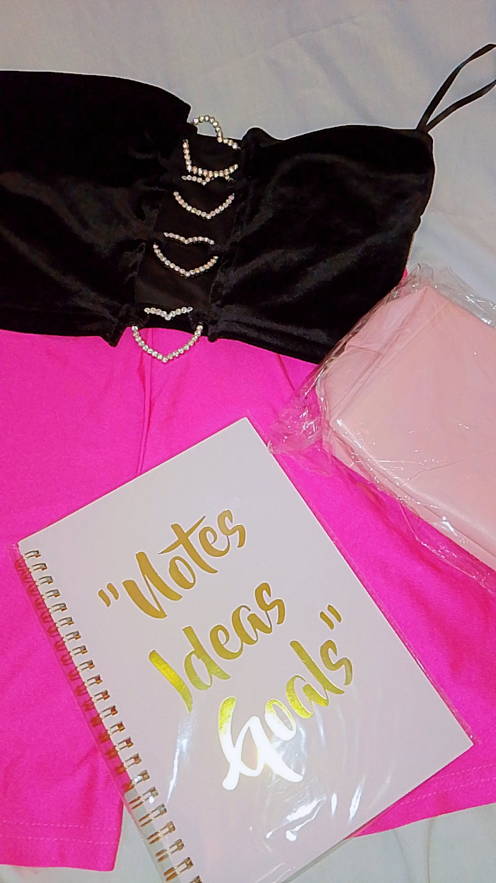 Go & Glow Bundle #505  - Women -  "Notes..." Book, Black Velvet Tube Top, Spandex Shorts