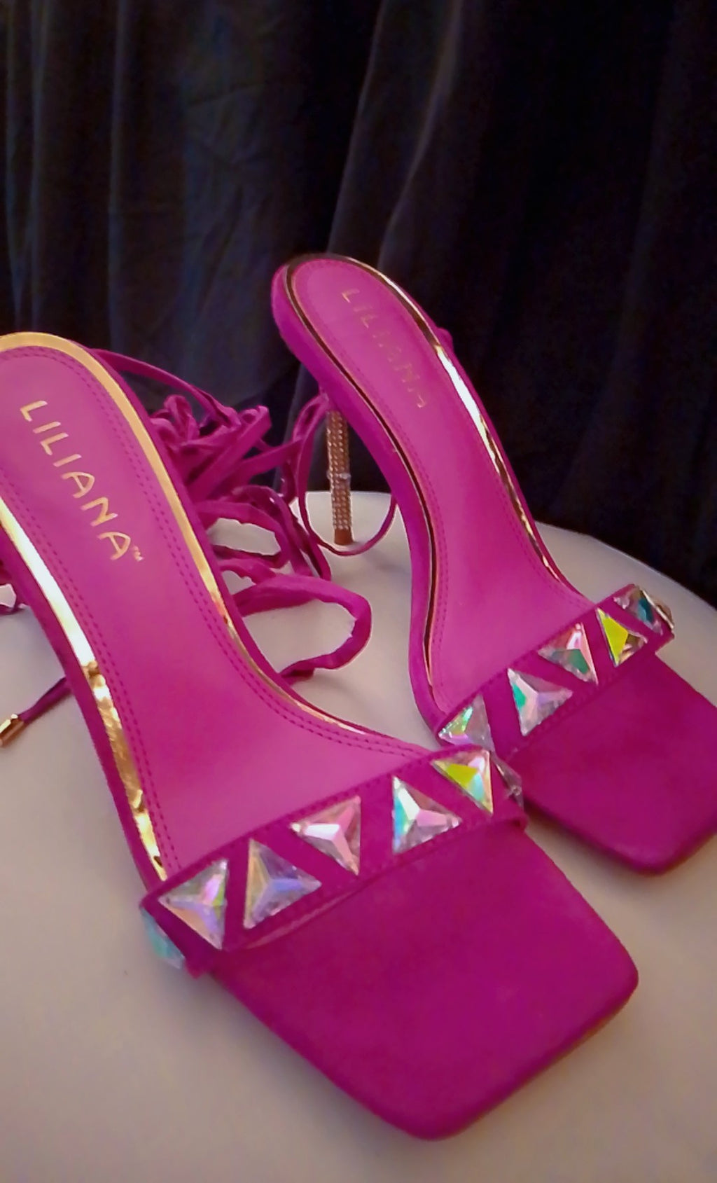 Twinkle Gold  Trim Magenta Long Strap Suede Stiletto Heel Pumps