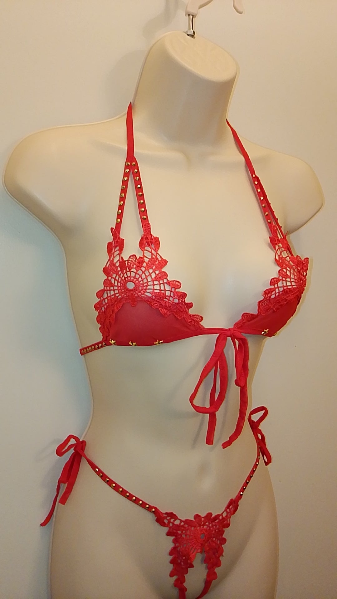 Red Passion Night Cap Women's Studded String Top & Bottom Lingerie