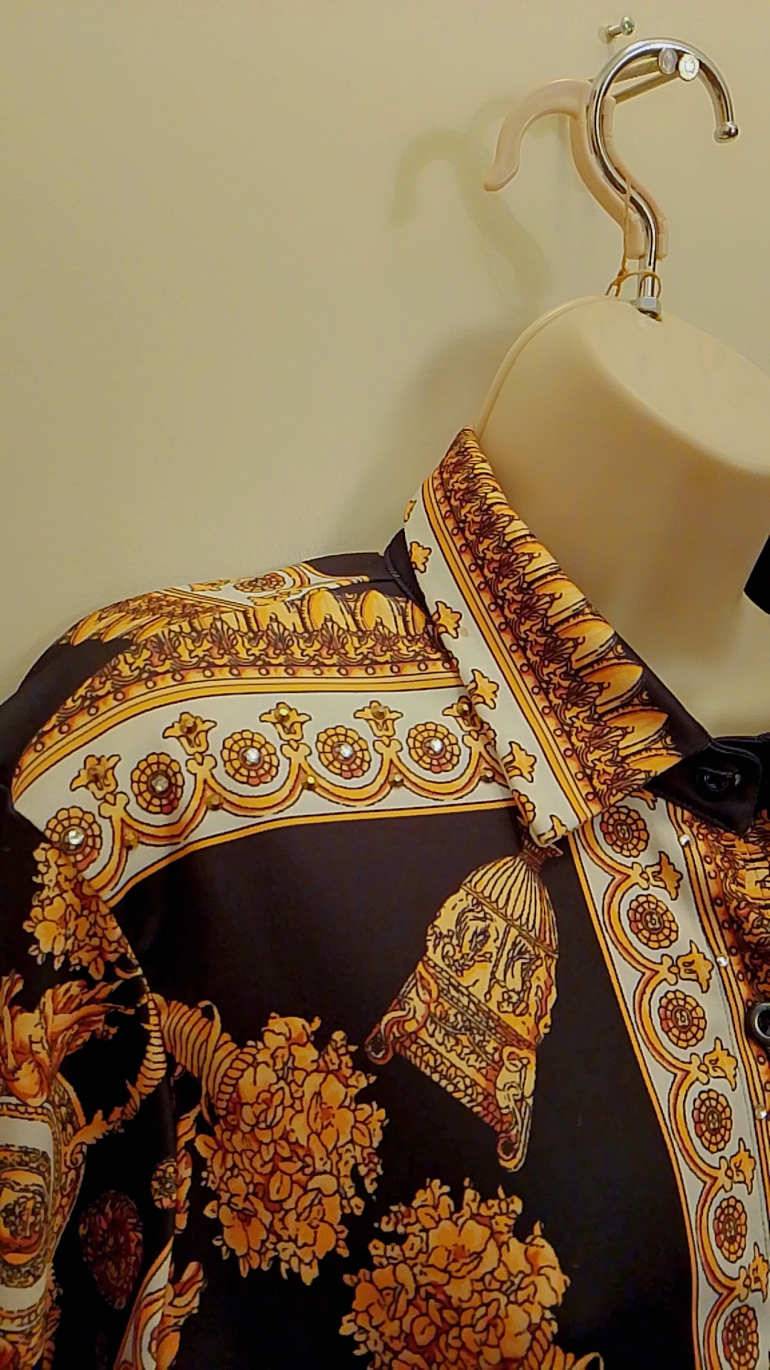 Black Gold & White Baroque Print Women's Button Up Long Sleeve Shirt  