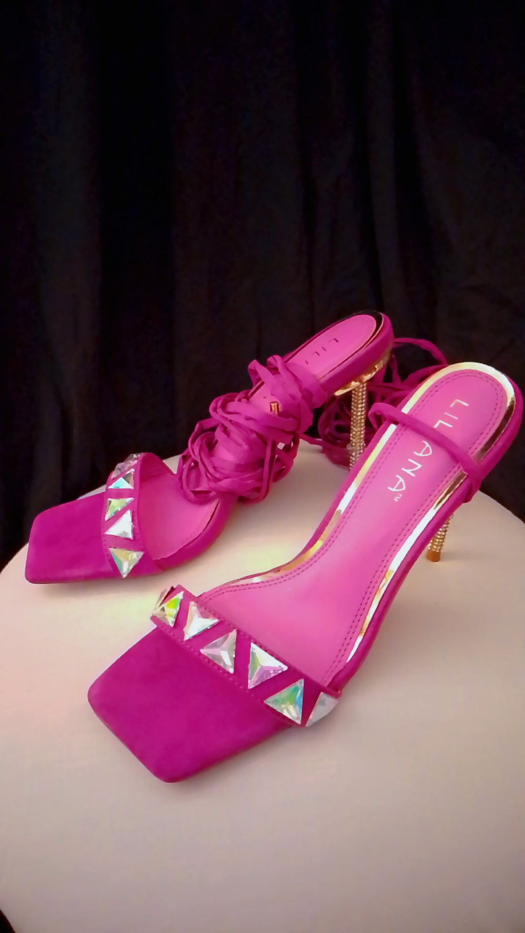 Twinkle Gold  Trim Magenta Long Strap Suede Stiletto Heel Pumps