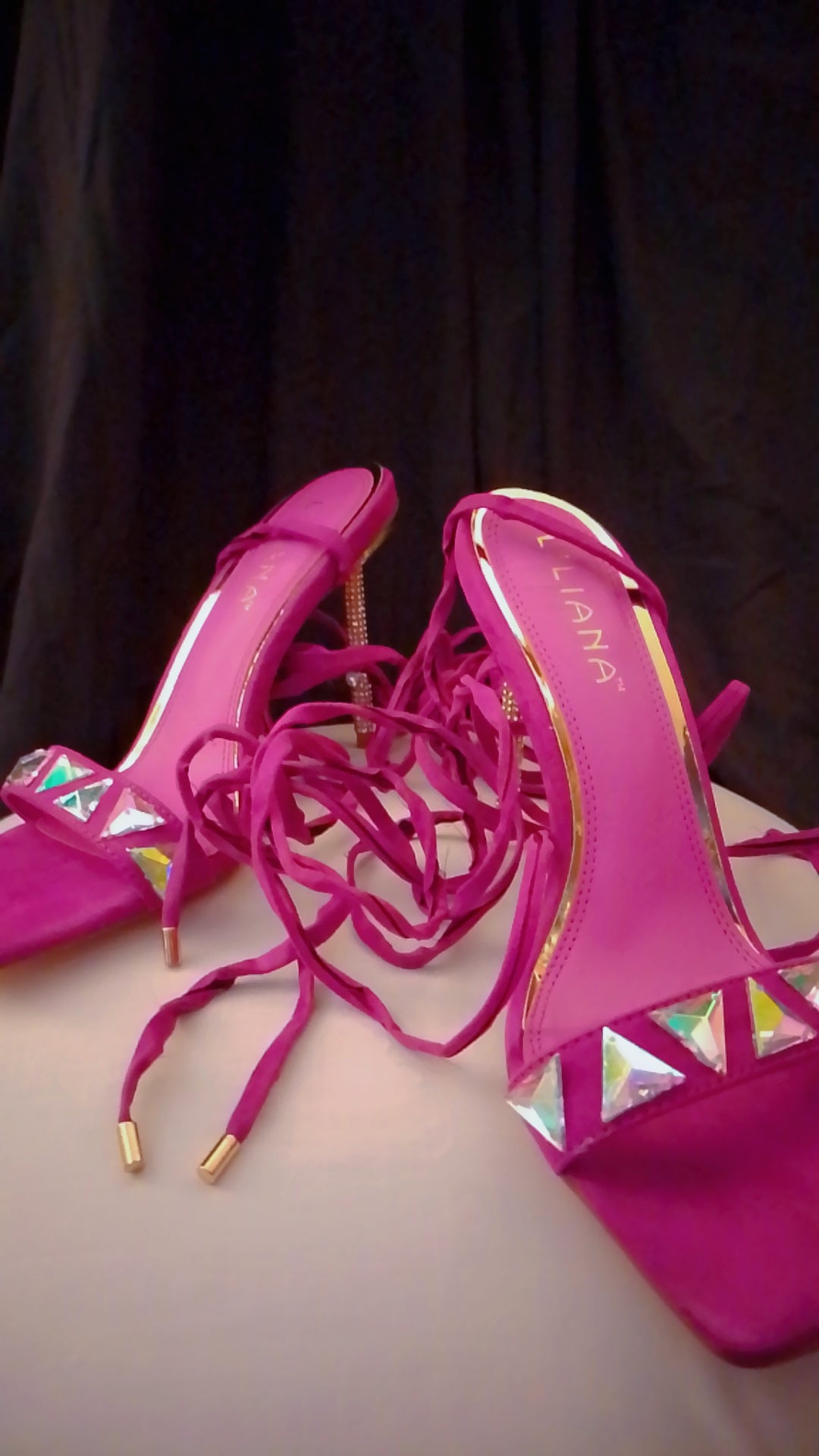 Twinkle Gold  Trim Magenta Long Strap Suede Stiletto Heel Pumps