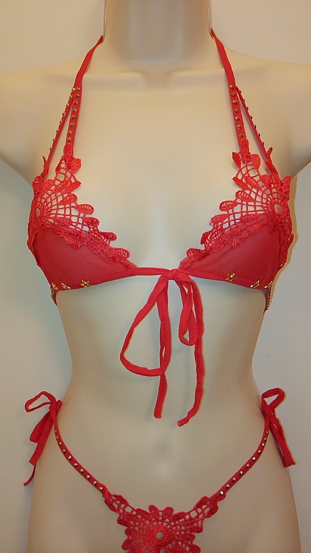 Red Passion Night Cap Women's Studded String Top & Bottom Lingerie
