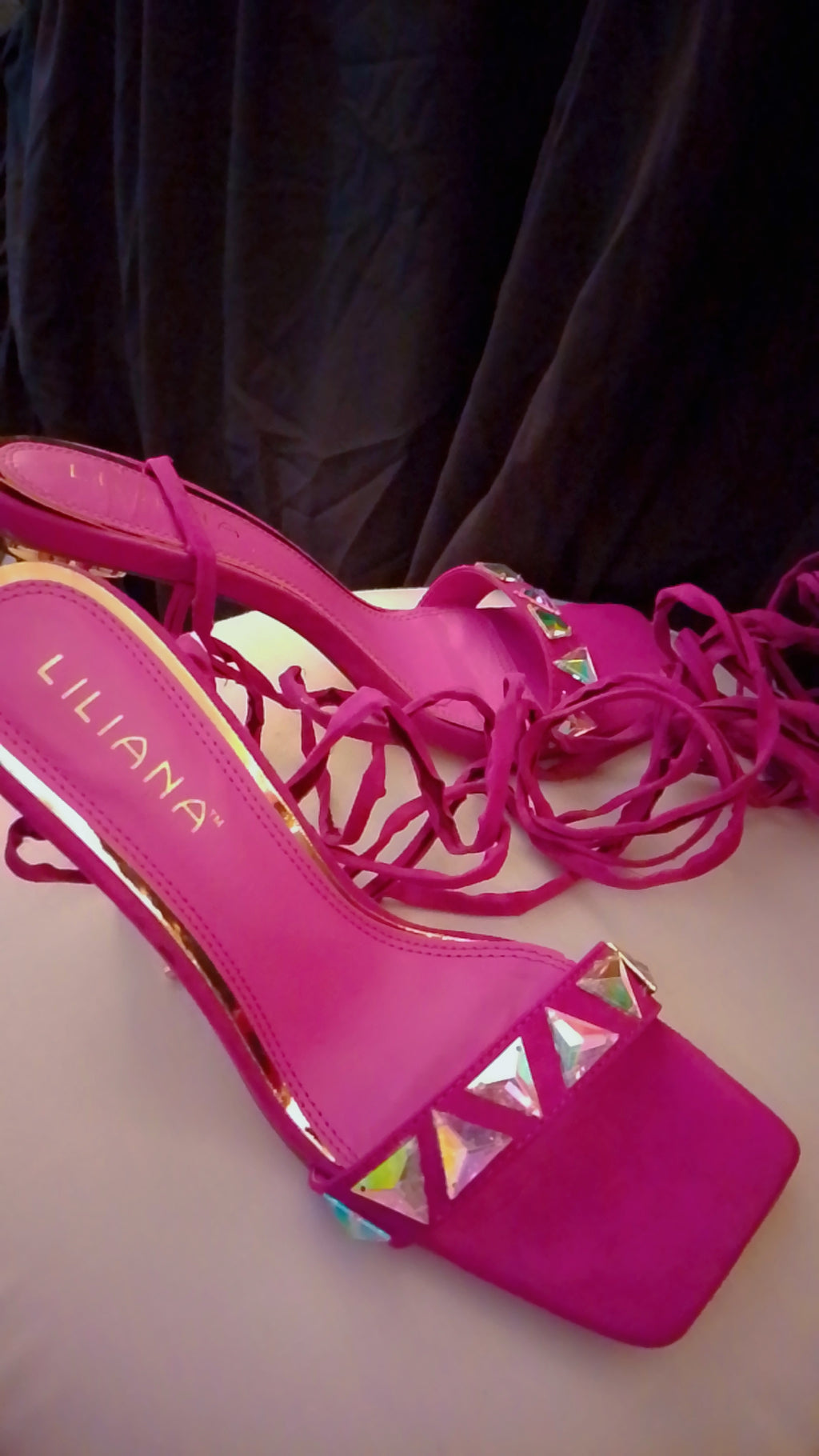 Twinkle Gold  Trim Magenta Long Strap Suede Stiletto Heel Pumps