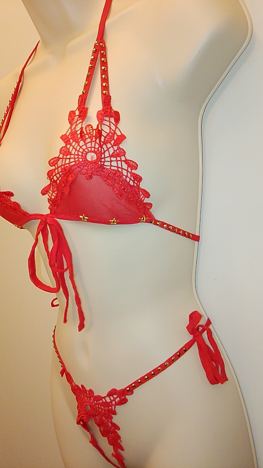 Red Passion Night Cap Women's Studded String Top & Bottom Lingerie