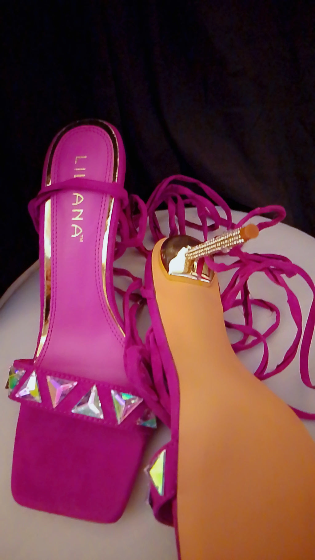 Twinkle Gold  Trim Magenta Long Strap Suede Stiletto Heel Pumps