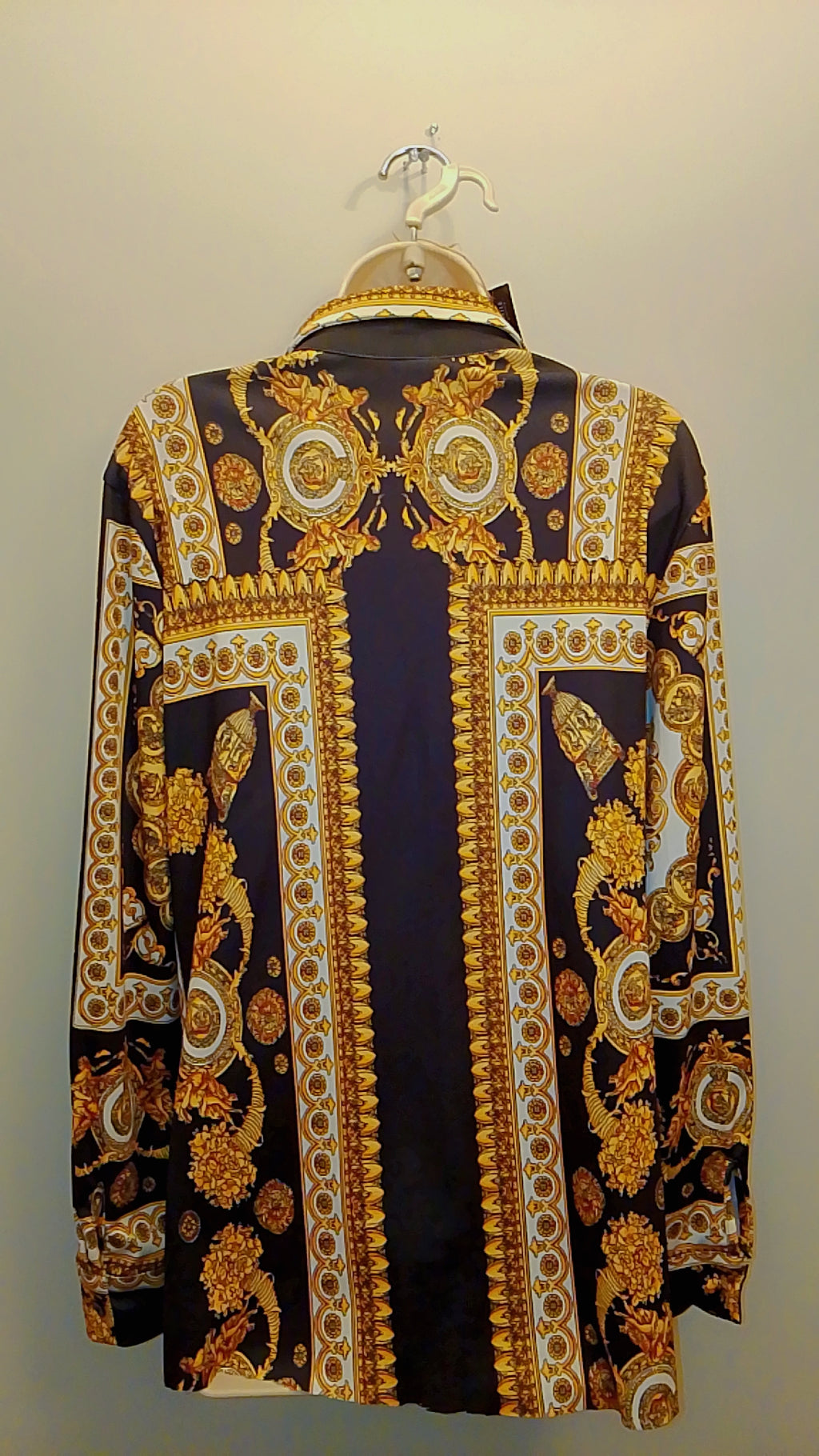 Black Gold & White Baroque Print Women's Button Up Long Sleeve Shirt  