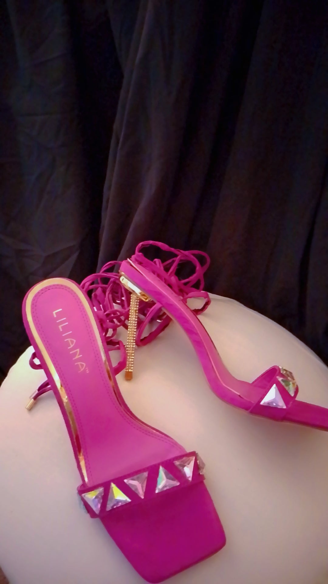 Twinkle Gold  Trim Magenta Long Strap Suede Stiletto Heel Pumps