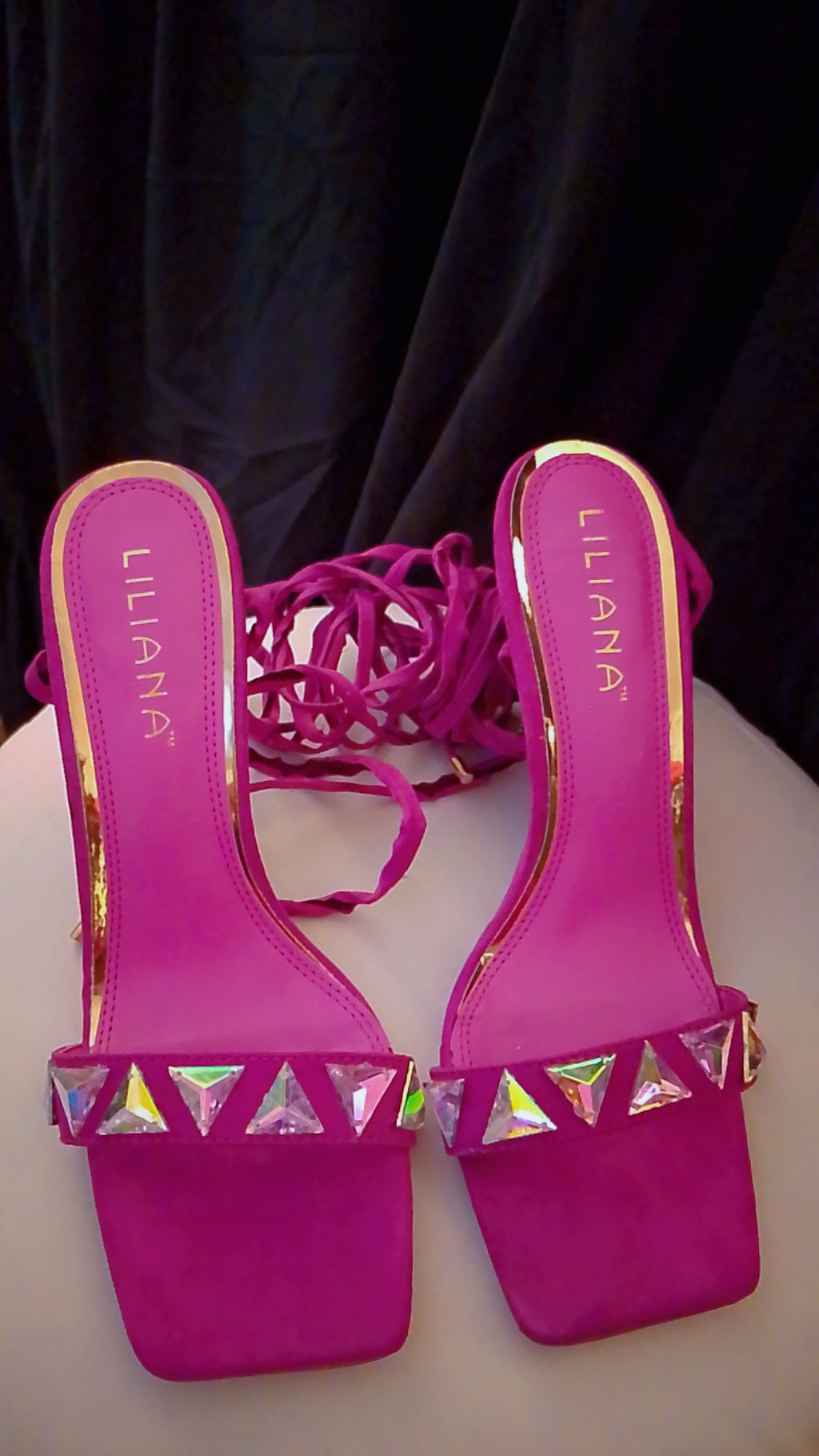 Twinkle Gold  Trim Magenta Long Strap Suede Stiletto Heel Pumps