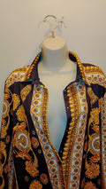 Black Gold & White Baroque Print Women's Button Up Long Sleeve Shirt  