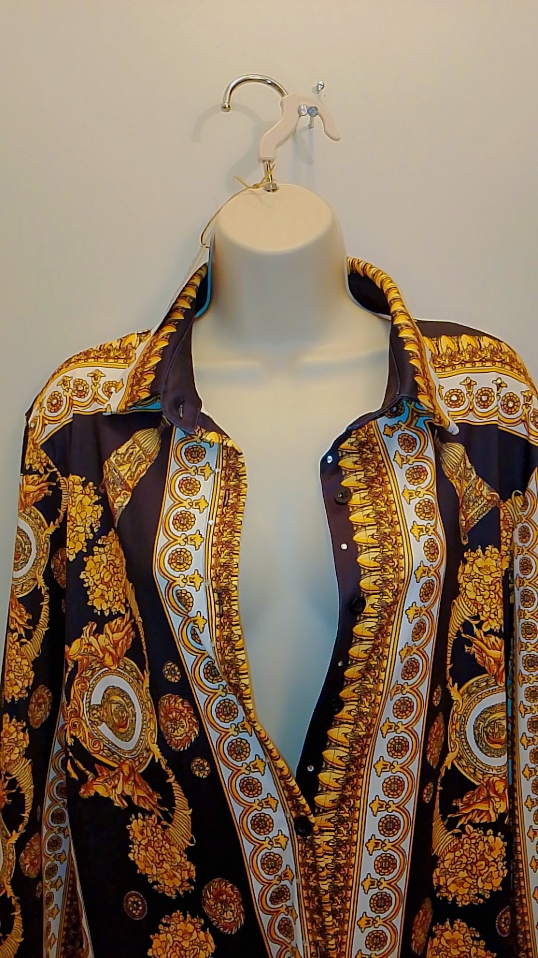Black Gold & White Baroque Print Women's Button Up Long Sleeve Shirt  