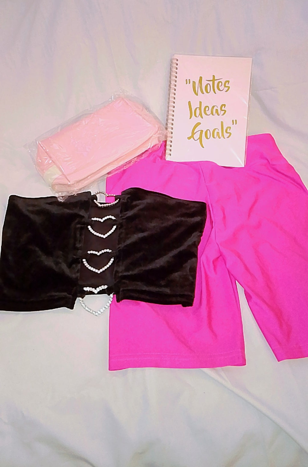 Go & Glow Bundle #505  - Women -  "Notes..." Book, Black Velvet Tube Top, Spandex Shorts