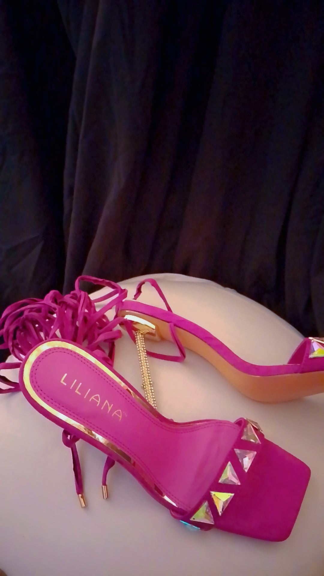 Twinkle Gold  Trim Magenta Long Strap Suede Stiletto Heel Pumps