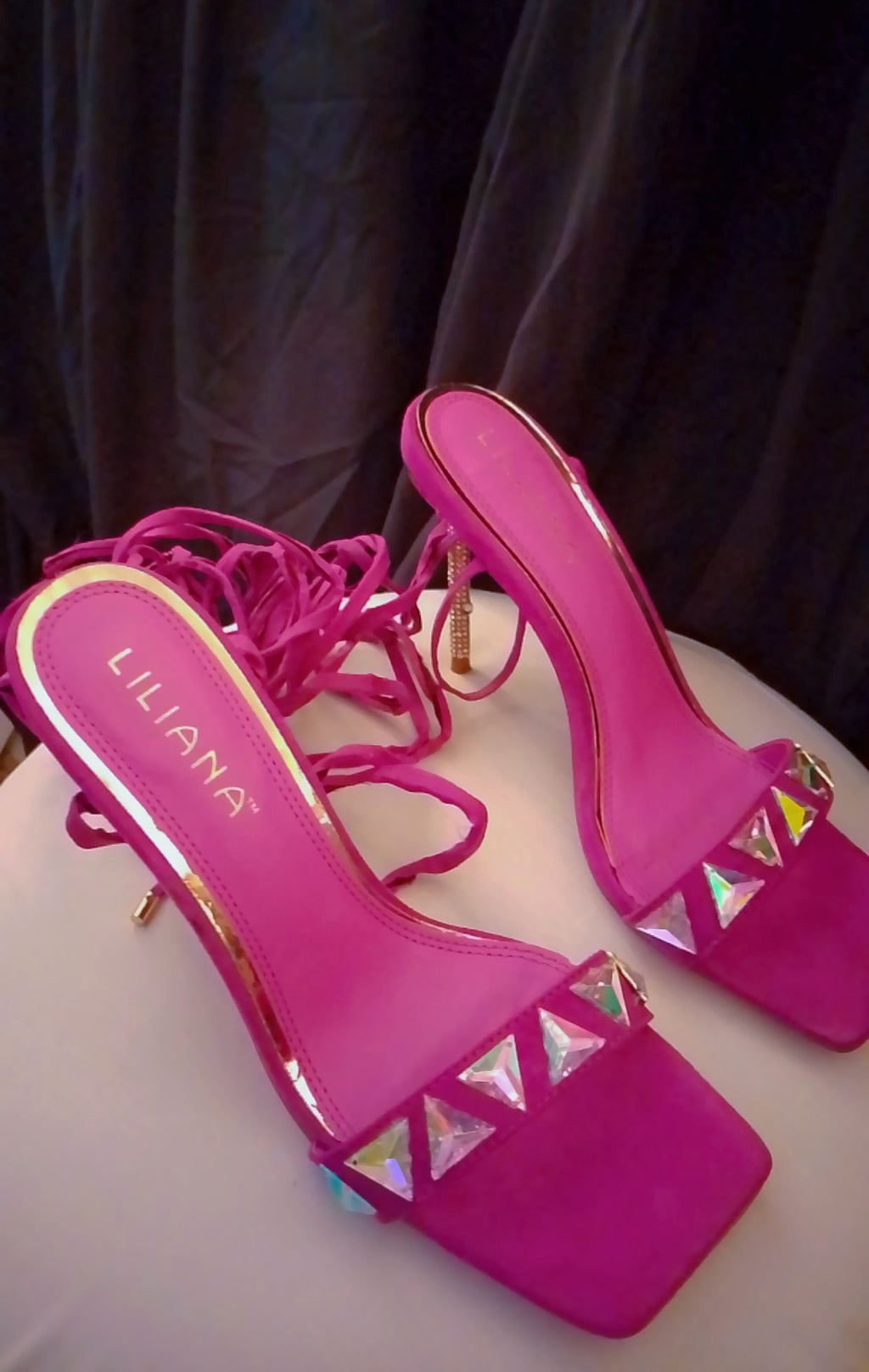 Twinkle Gold  Trim Magenta Long Strap Suede Stiletto Heel Pumps