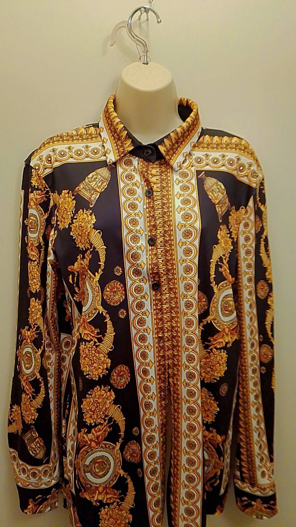 Black Gold & White Baroque Print Women's Button Up Long Sleeve Shirt  