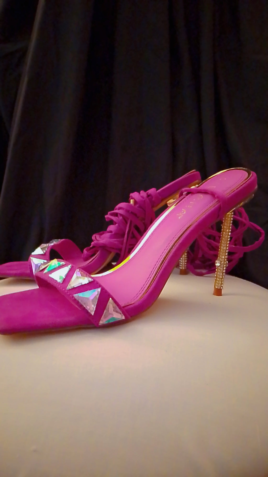 Twinkle Gold  Trim Magenta Long Strap Suede Stiletto Heel Pumps