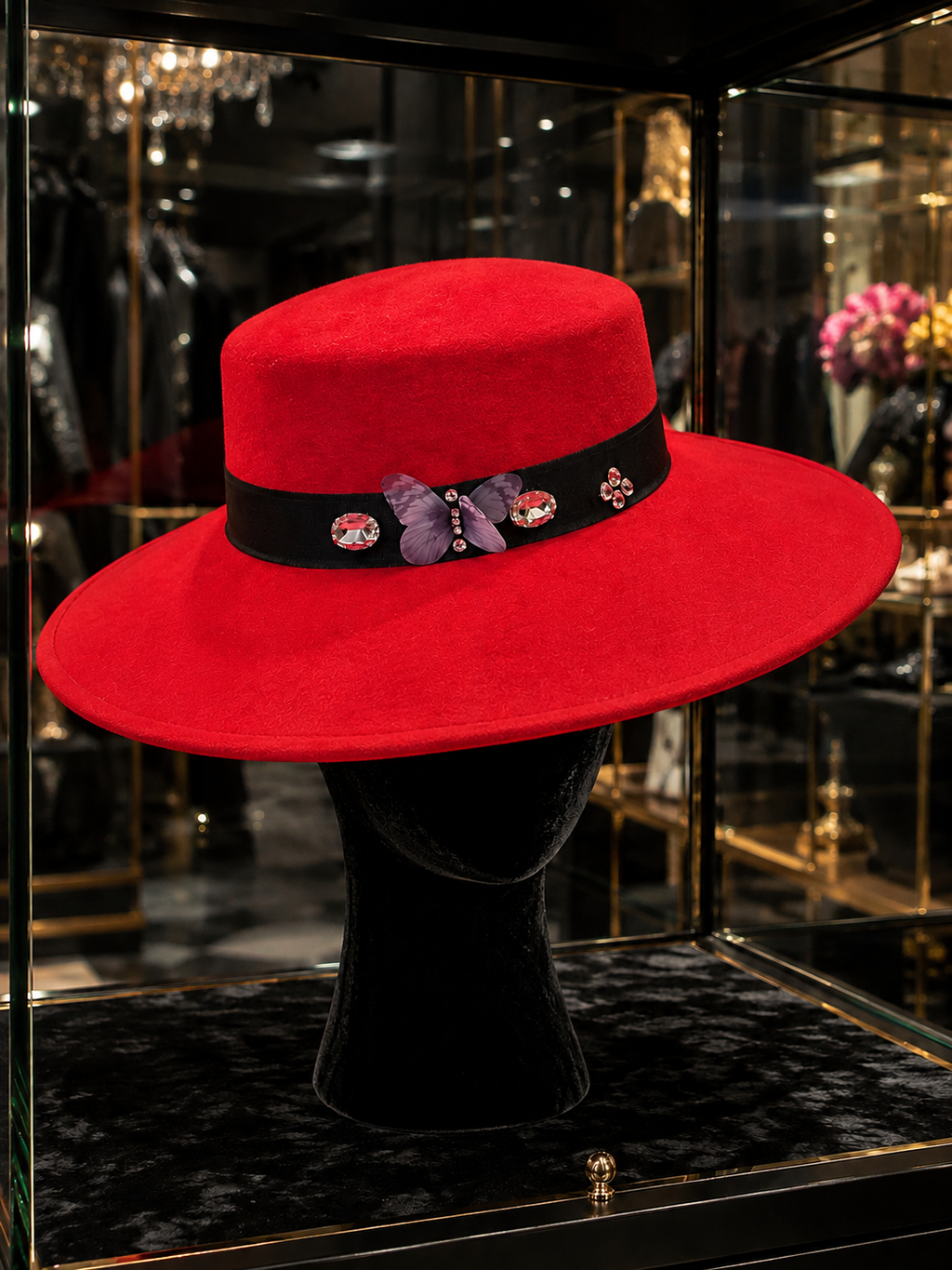 Dear Lovely Couture Black Band Wide Brim Red Hat