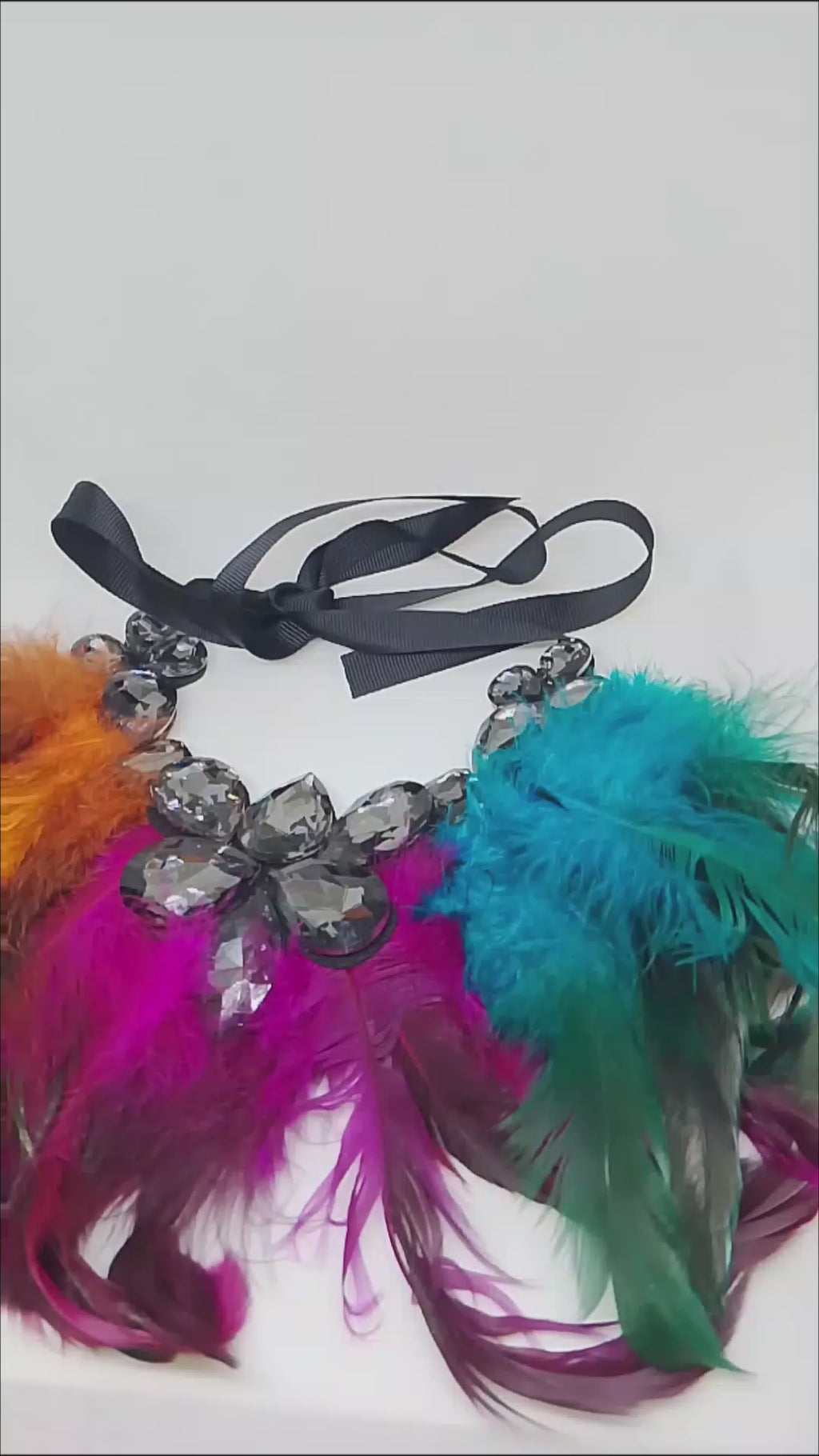 Exquisite Noir Black Translucent Jewels Multi-Color Feathers Black Ribbon Statement Necklace