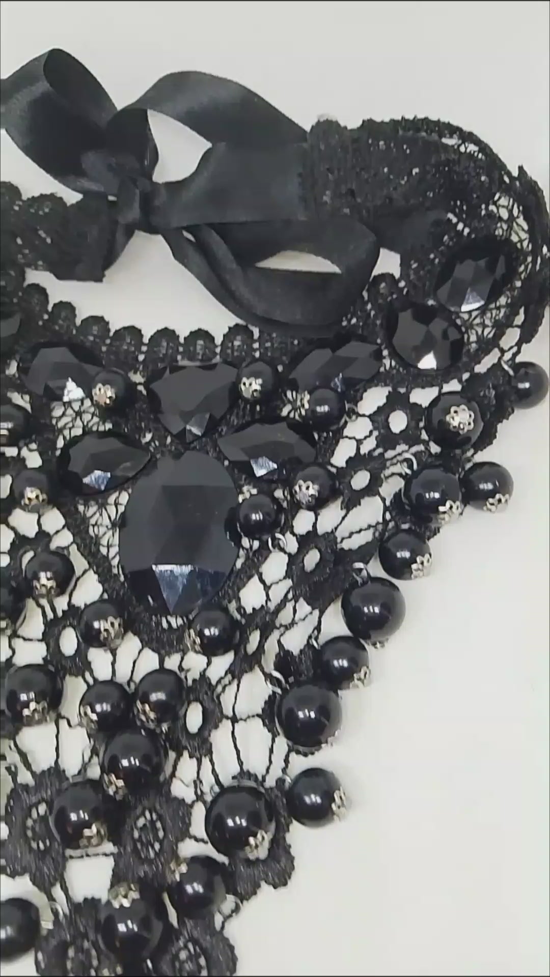 Intricate Obsidian Toned Black Crystals Layered Lace Glossy Jewels Necklace