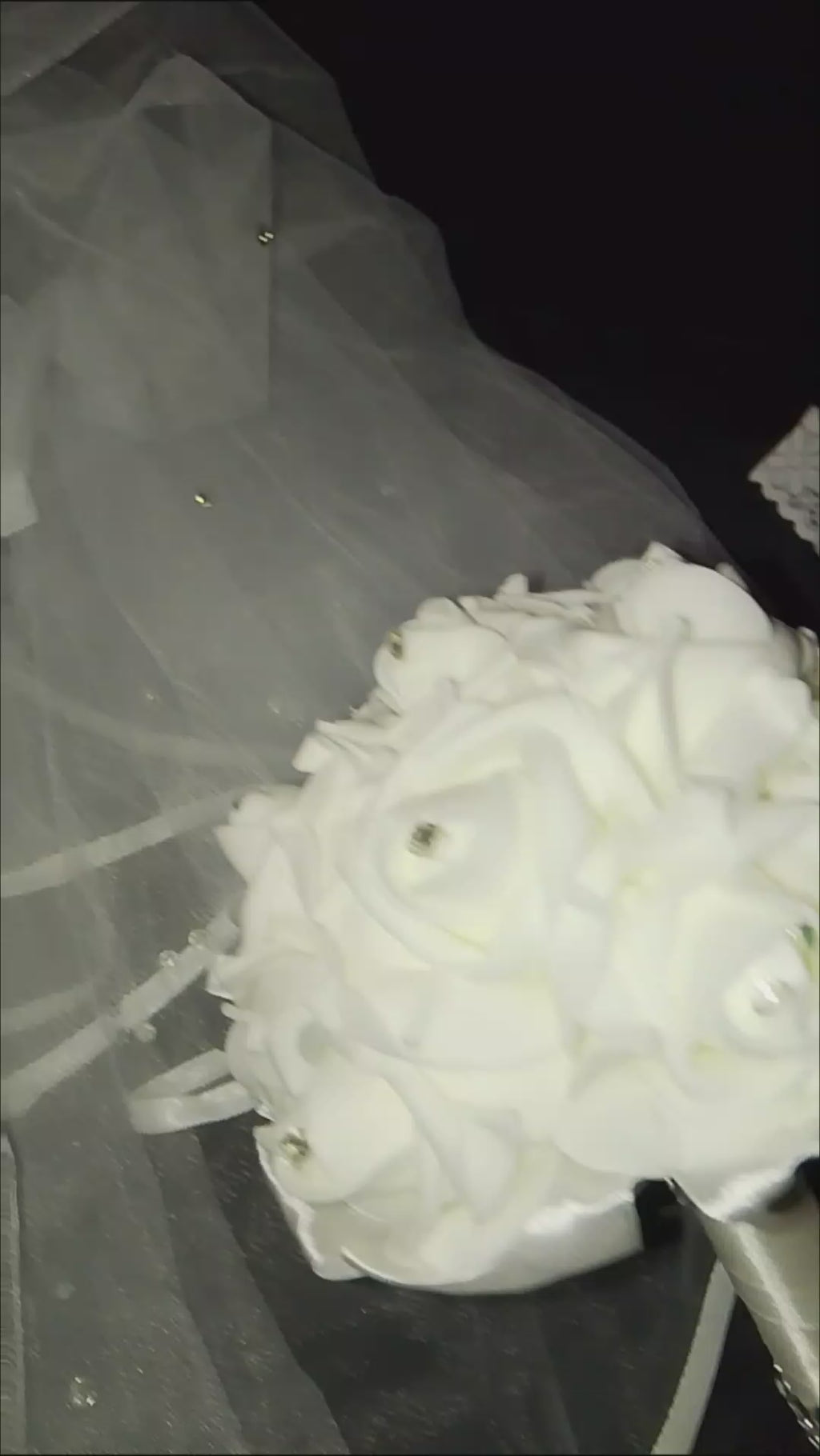 Wedding Bliss - White Bridal Hair Comb Veil, Silk Roses Bouquet, Garter Belts Set