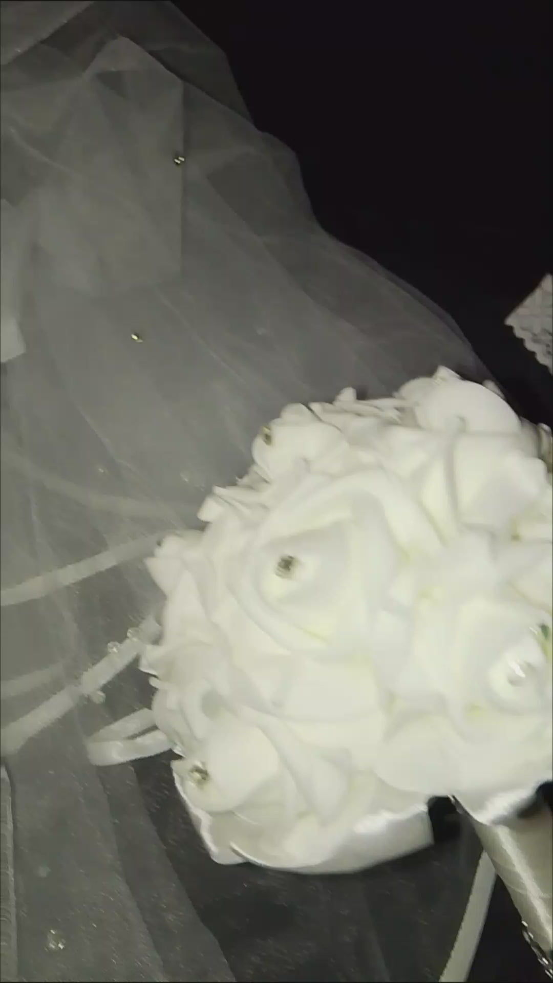Wedding Bliss - White Bridal Hair Comb Veil, Silk Roses Bouquet, Garter Belts Set