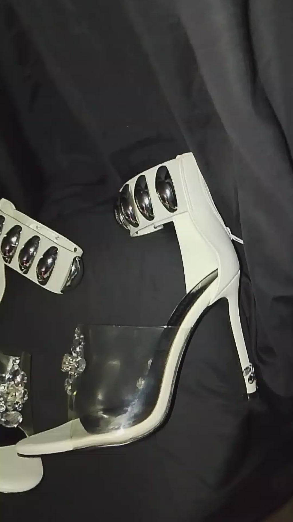 Naughty Or Nice White & Silver Thick Ankle Strap Stiletto Heel Pumps