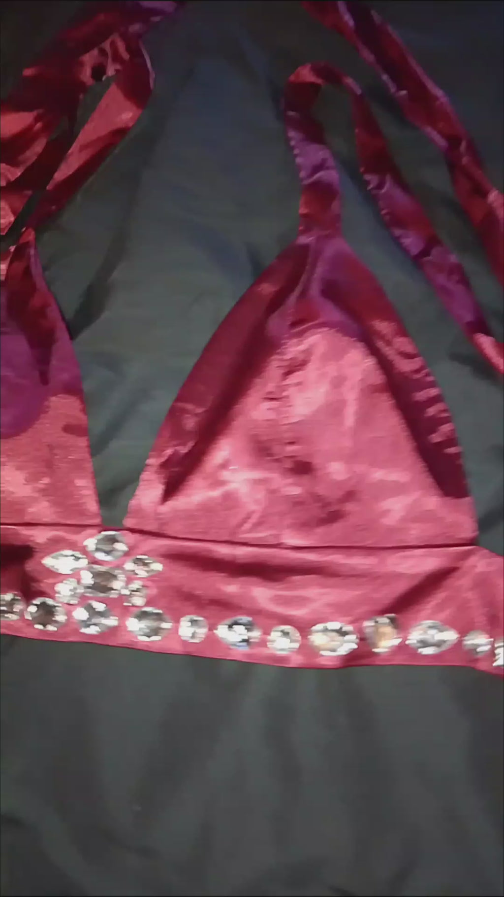 Candy Apple Red Kisses Satin Tie Back Top Wide Leg Pant Set W/ Silver Gems