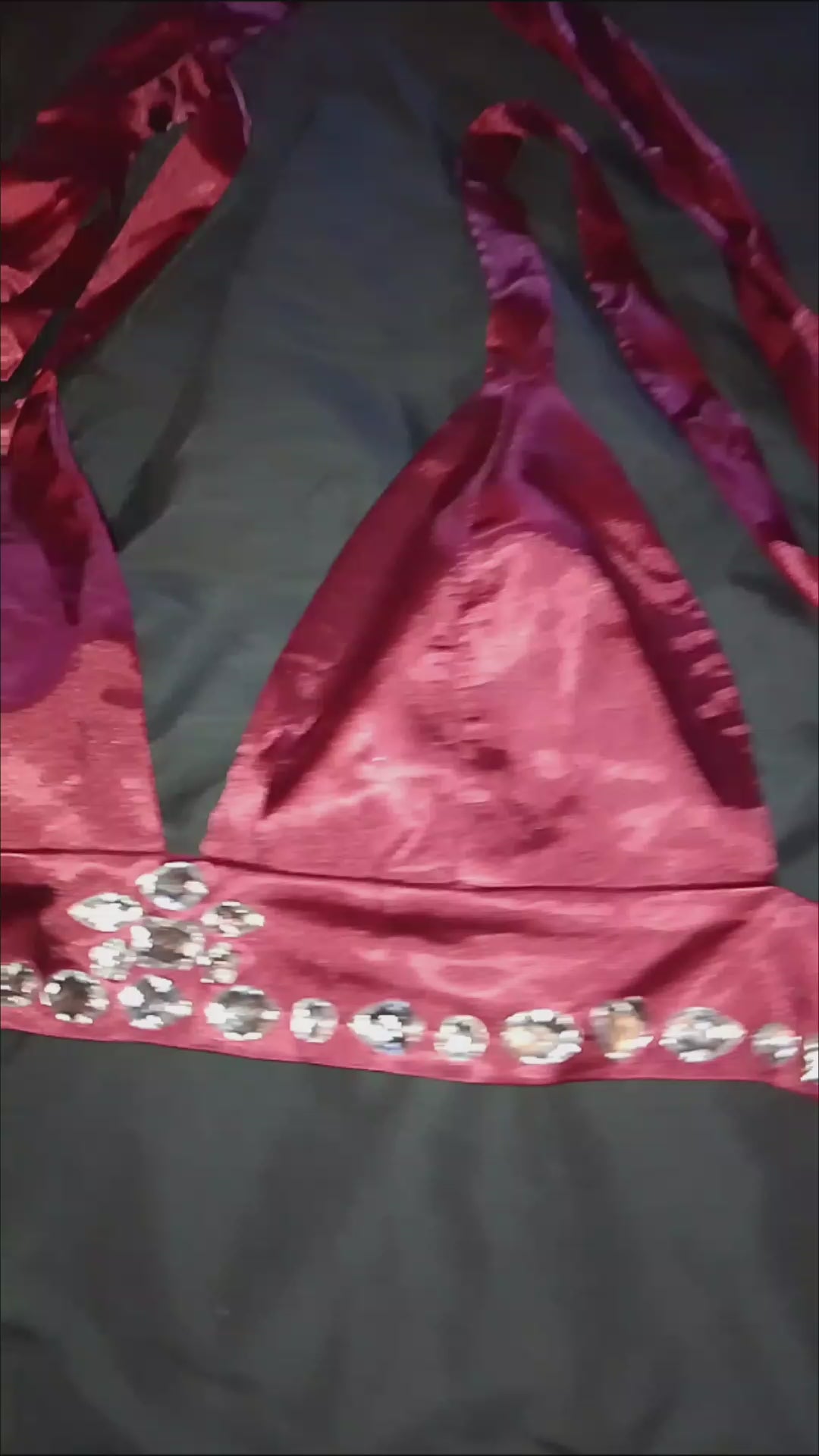 Candy Apple Red Kisses Satin Tie Back Top Wide Leg Pant Set W/ Silver Gems