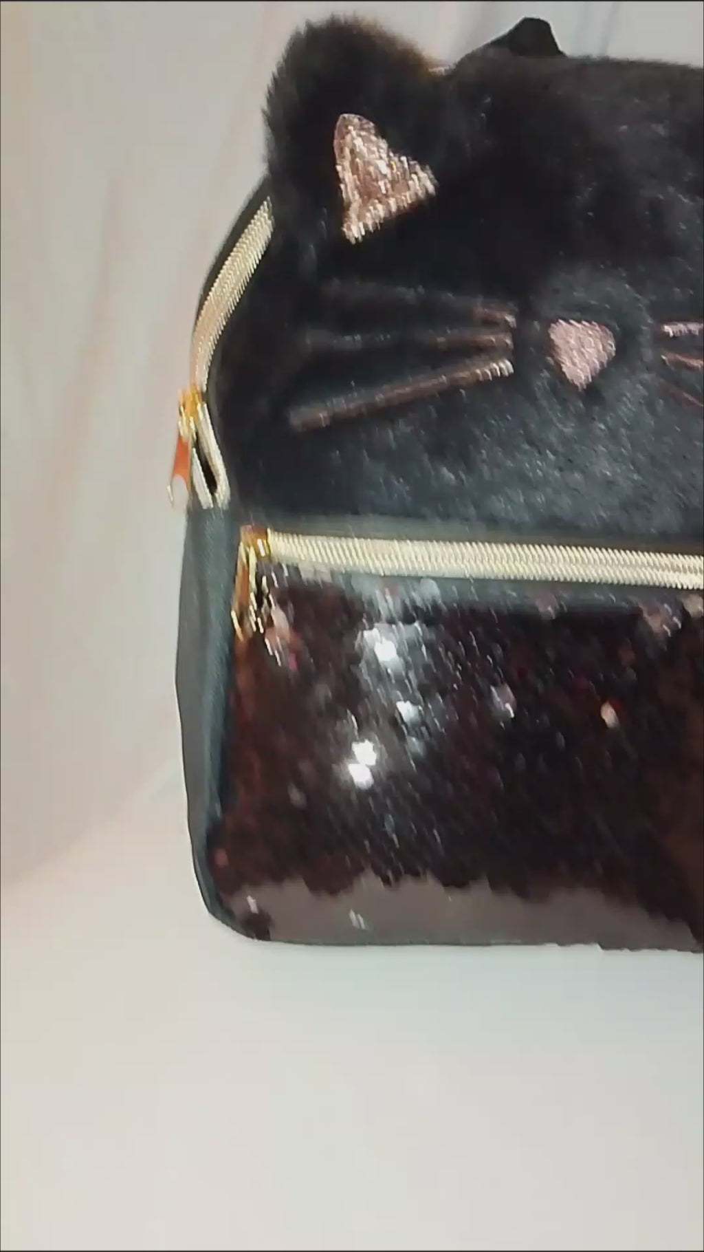 Meow Kitty Rose Gold Ears Girl's Mini Black Zip Up Pouch Backpack