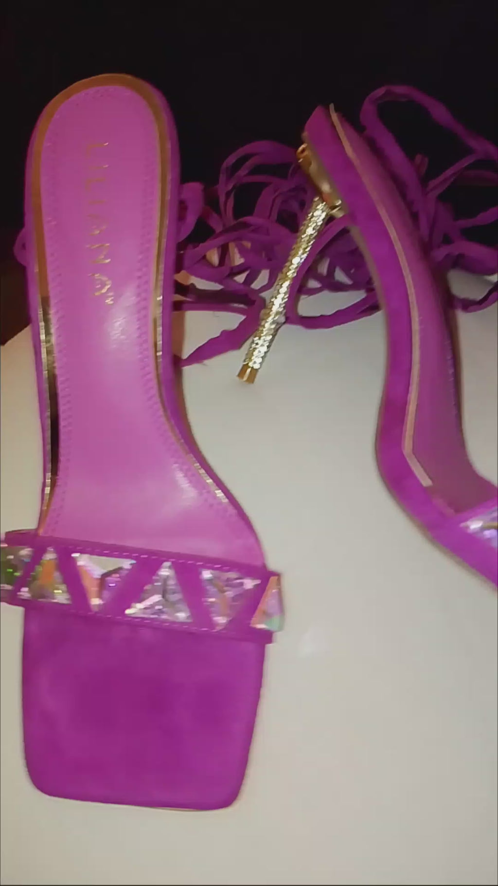 Twinkle Gold  Trim Magenta Long Strap Suede Stiletto Heel Pumps